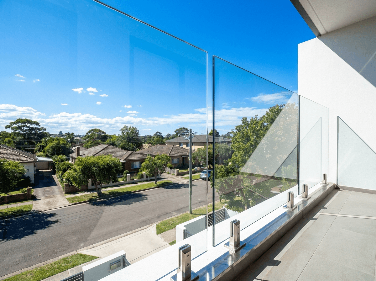 Frameless glass balustrade on a balcony with blue sky reflected in the panels.