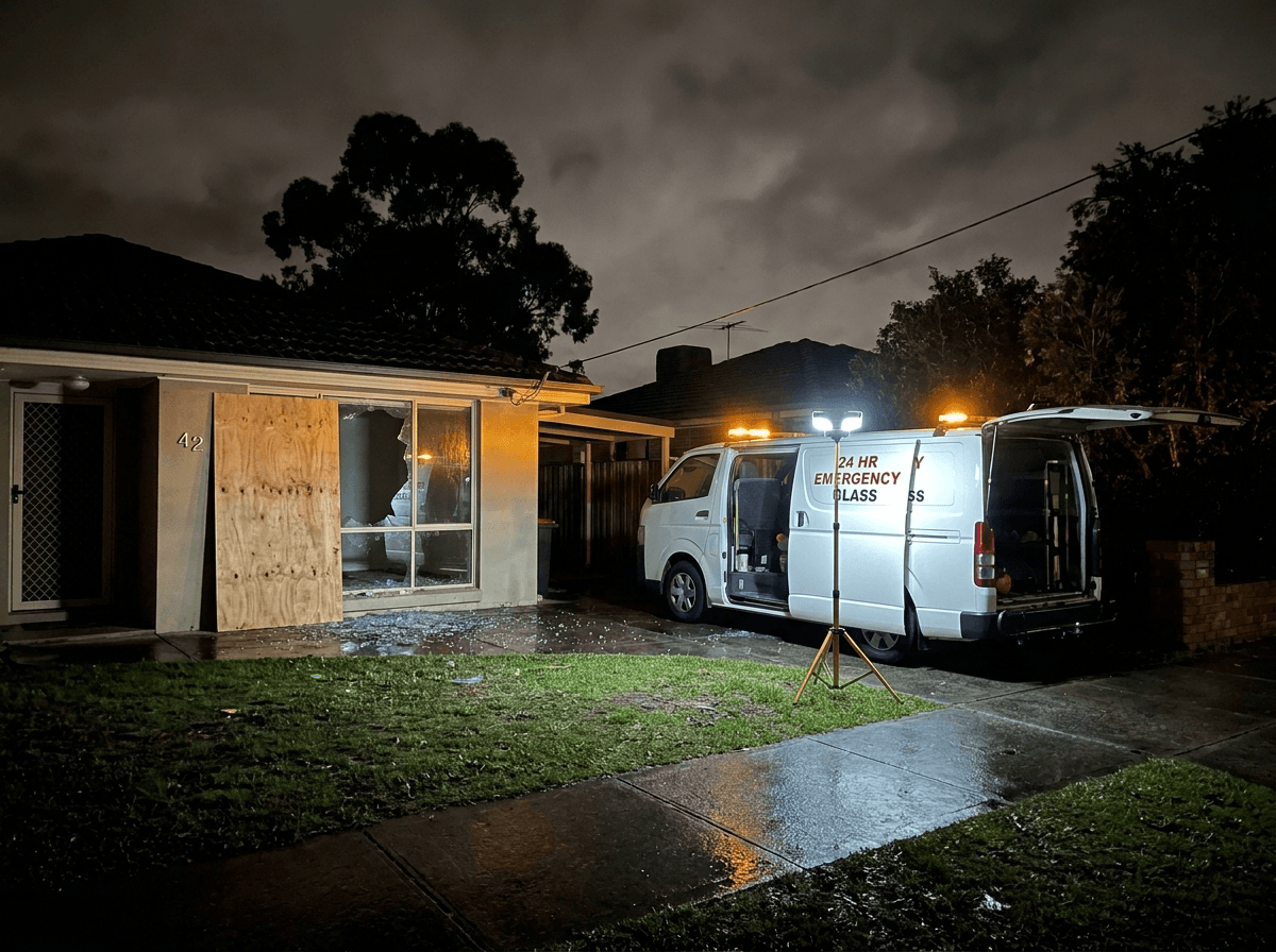 Night-time emergency make-safe / board-up of a smashed window, van lights on.