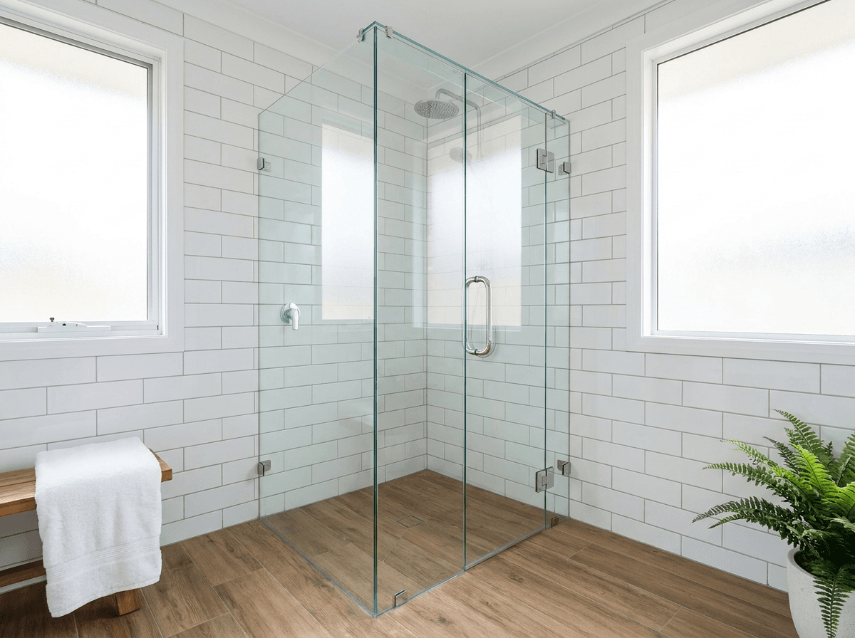 Freshly installed frameless glass shower screen in a modern bathroom.