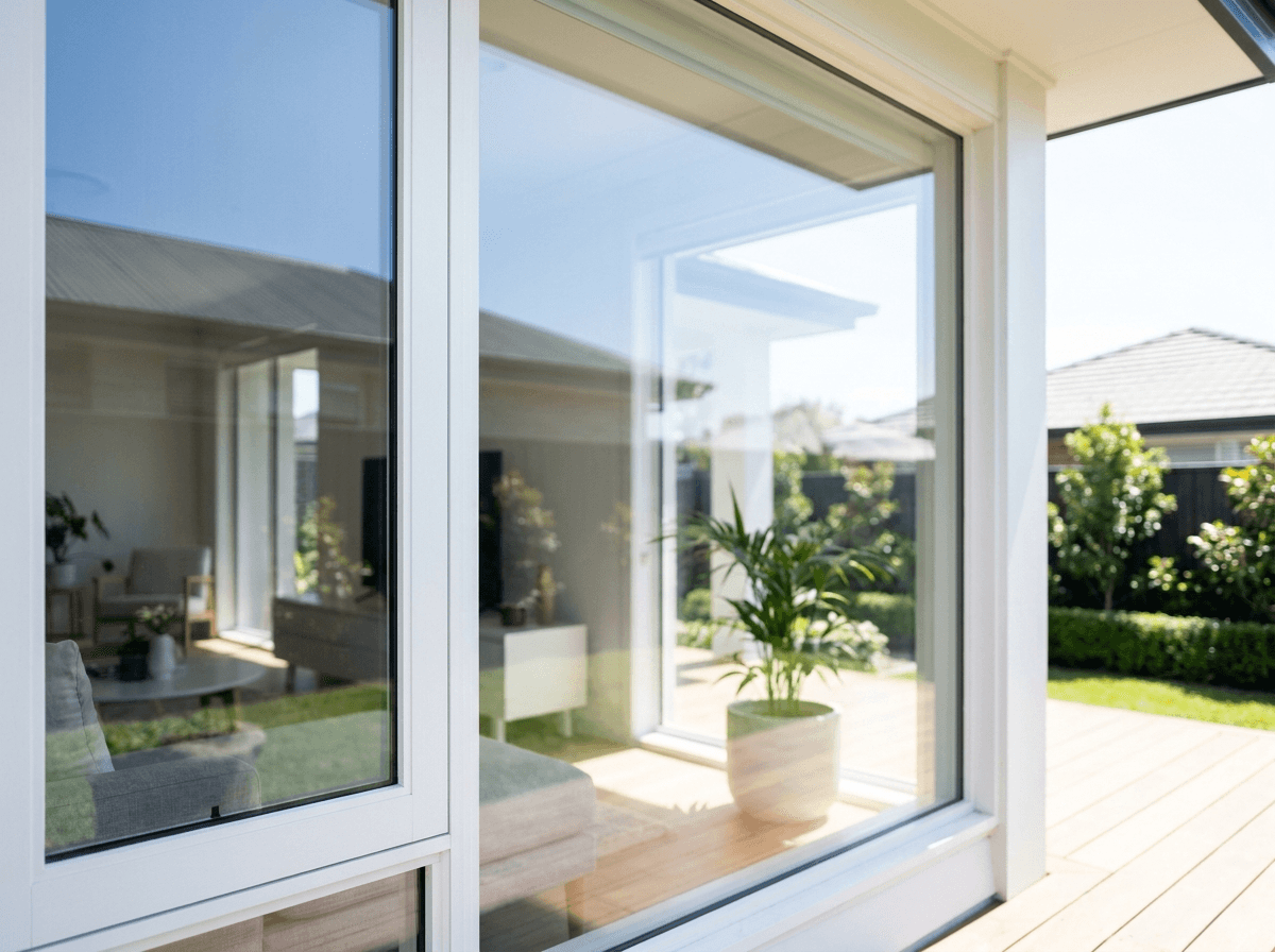 Before/after of a replaced residential window with sharp, clean glass in bright daylight.